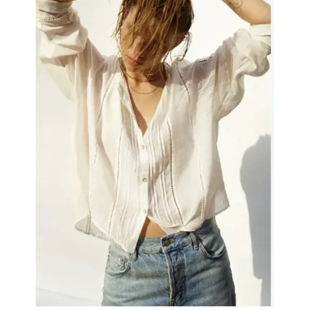 Zara Sheer White cotton Button-Up Shirt Ivory boho Y2K Small A008301
